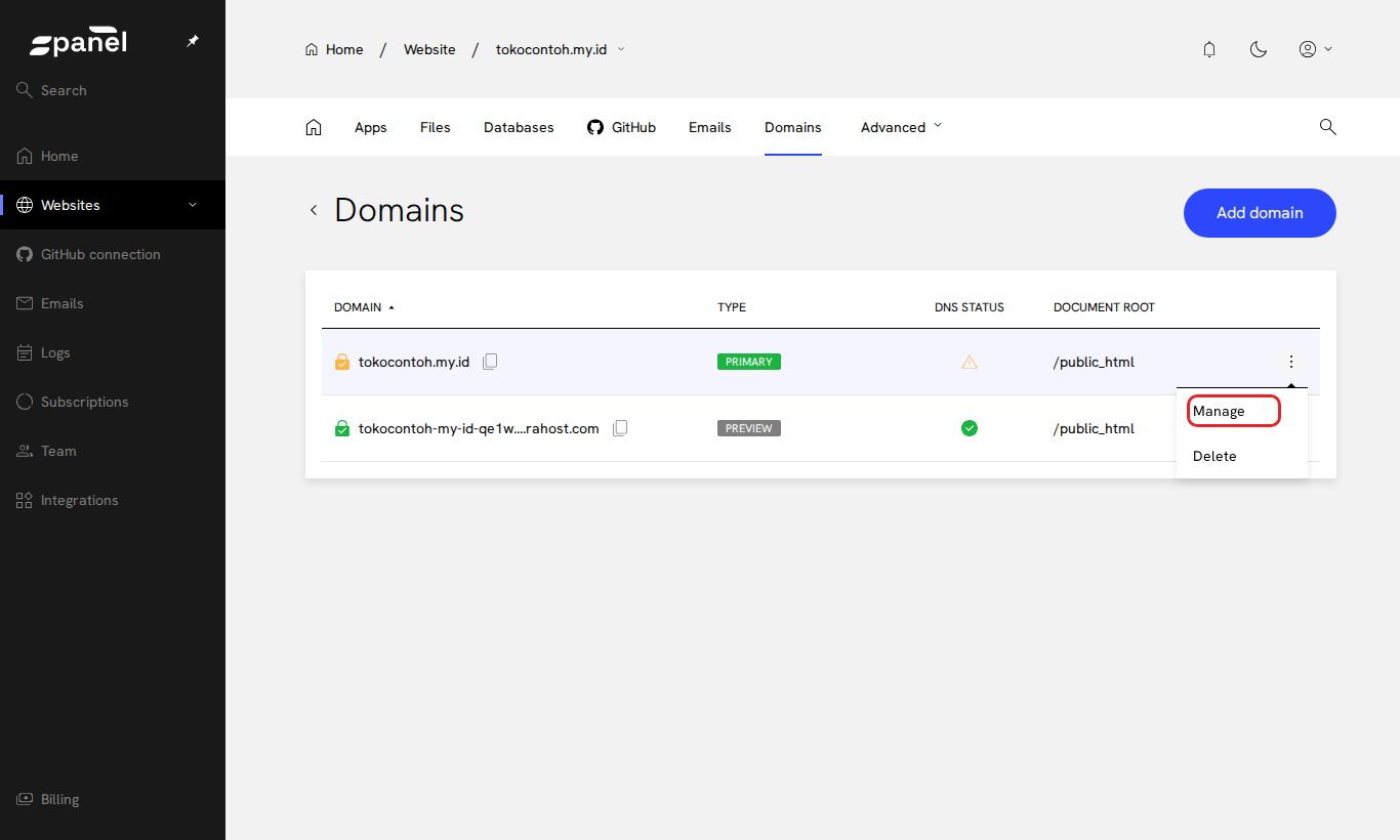 Menu Manage domain