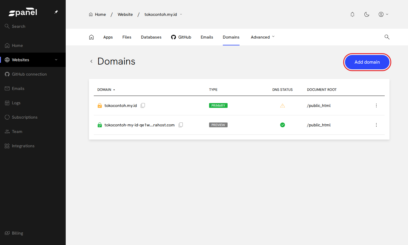 Tombol Add domain