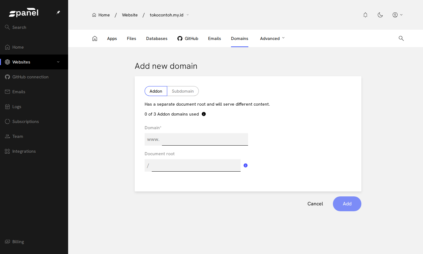 Form tambah domain
