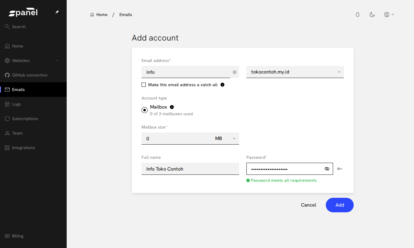 Form tambah akun email
