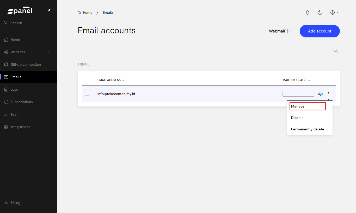 Menu Manage di akun email