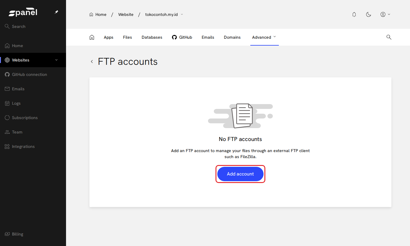 Tombol Add account FTP