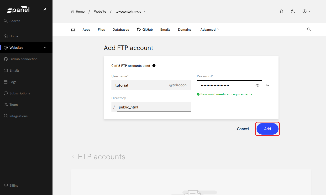 Form akun FTP