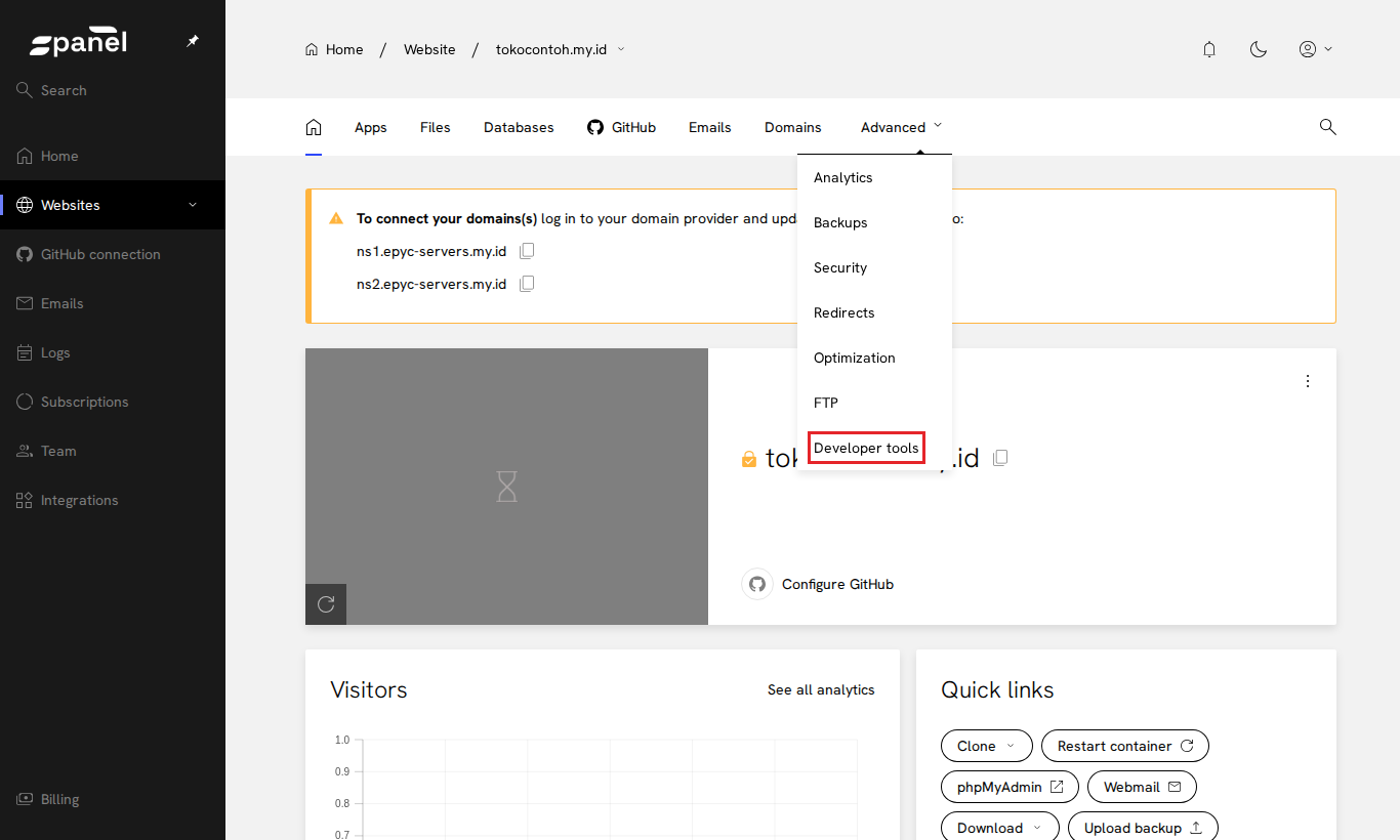 Menu Developer tools
