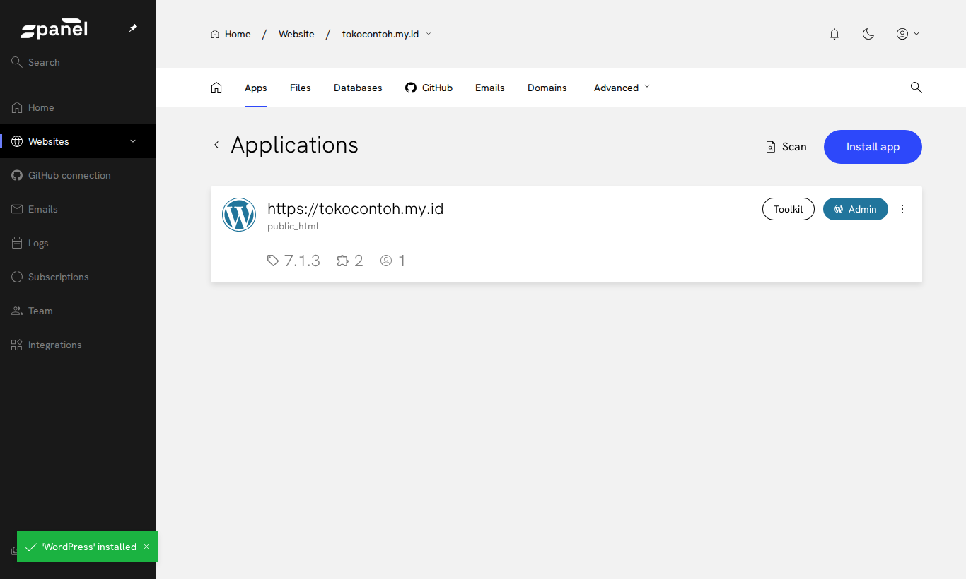 WordPress terpasang