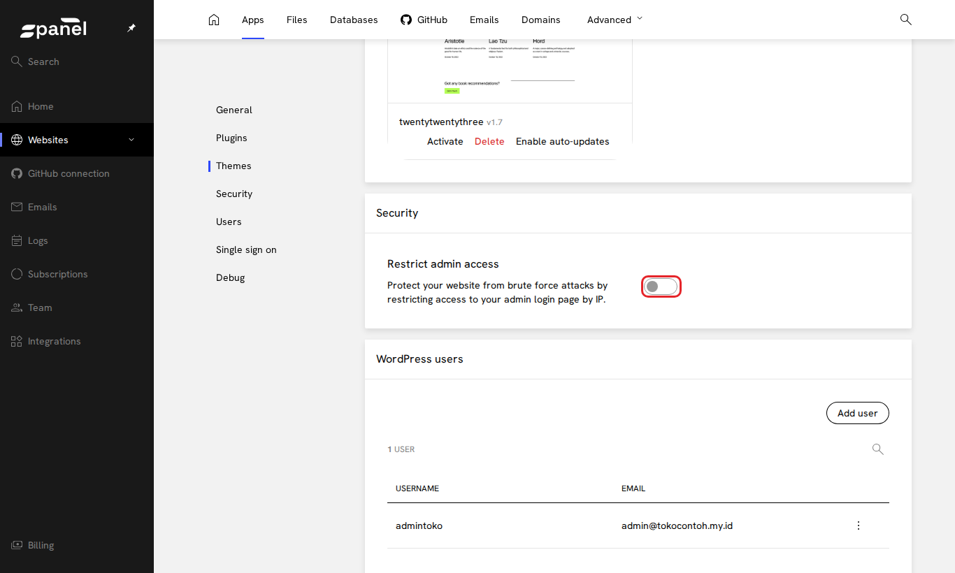 Sakelar Restrict admin access